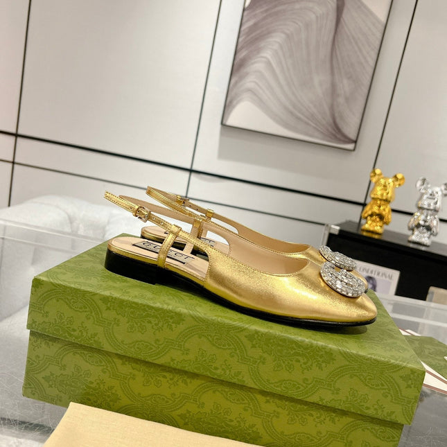GG CRYSTALS SLINGBACK BALLET METALLIC GOLD CALFSKIN