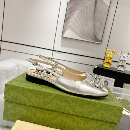 GG CRYSTALS SLINGBACK BALLET SILVER CALFSKIN