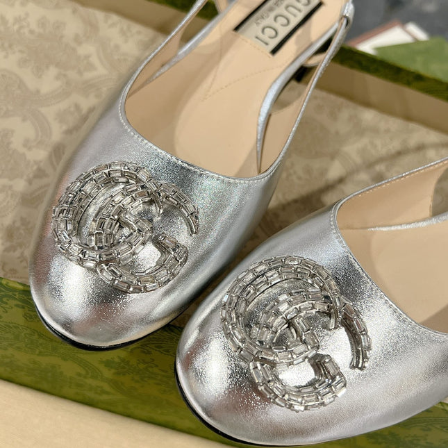 GG CRYSTALS SLINGBACK BALLET SILVER CALFSKIN
