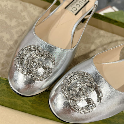 METALIC SLINGBACK FLATS IN SILVER CALFSKIN