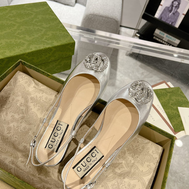 GG CRYSTALS SLINGBACK BALLET SILVER CALFSKIN