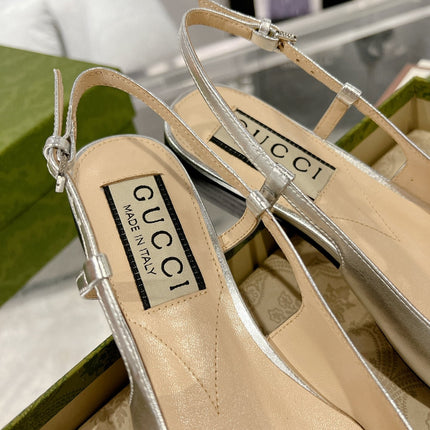 METALIC SLINGBACK FLATS IN SILVER CALFSKIN