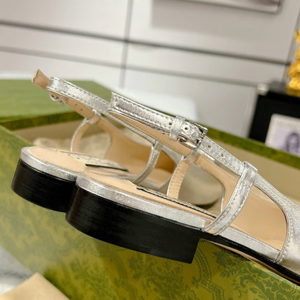 METALIC SLINGBACK FLATS IN SILVER CALFSKIN