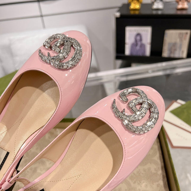 GG CRYSTALS SLINGBACK BALLET LIGHT PINK CALFSKIN