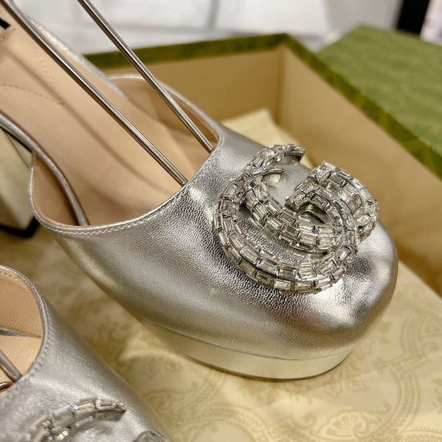 GG CRYSTALS PLATFORM PUMPS SILVER CALFSKIN