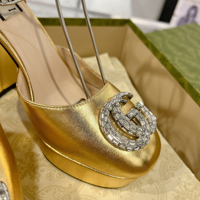 GG CRYSTALS PLATFORM PUMPS METALLIC GOLD CALFSKIN