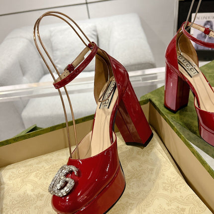 GG CRYSTALS PLATFORM PUMPS SCARLET CALFSKIN