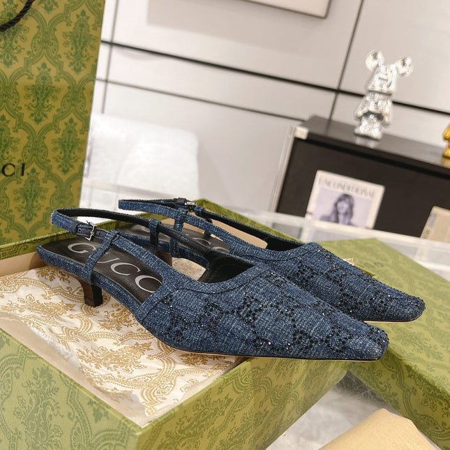 GG CRYSTALS SLINGBACK PUMP DENIM FABRIC