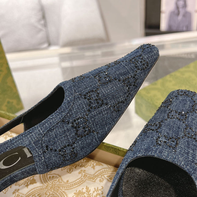GG CRYSTALS SLINGBACK PUMP DENIM FABRIC