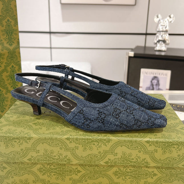 GG CRYSTALS SLINGBACK PUMP DENIM FABRIC