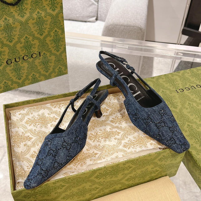 GG CRYSTALS SLINGBACK PUMP DENIM FABRIC
