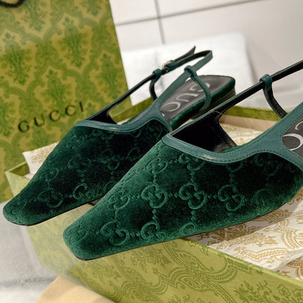 SLINGBACK FLATS IN GREEN FOREST VELVET