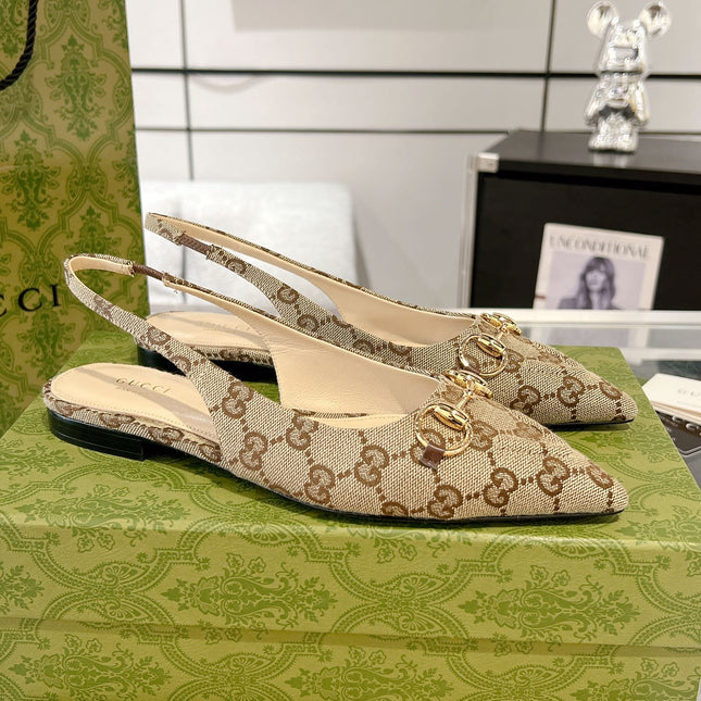 GG HORSEBIT SLINGBACK BALLET FLAT TAN BEIGE CANVAS