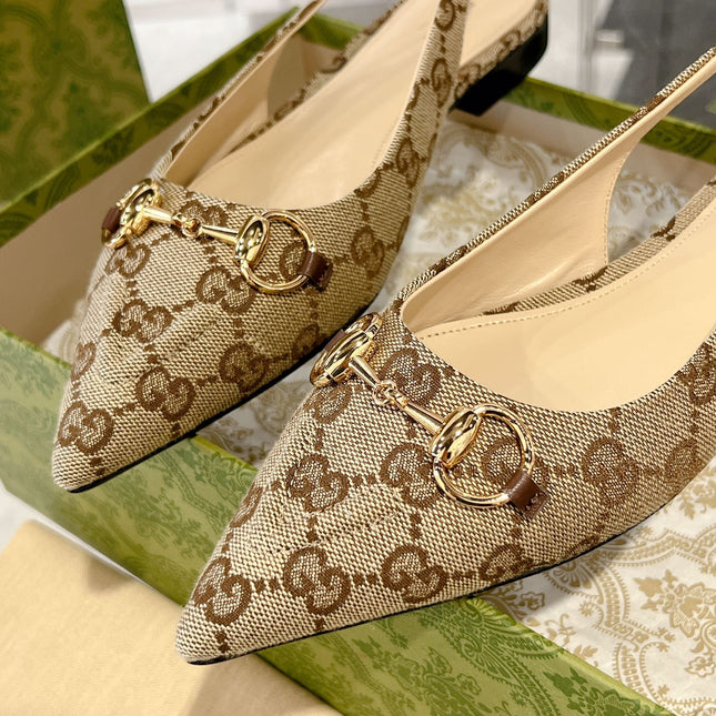 GG HORSEBIT SLINGBACK BALLET FLAT TAN BEIGE CANVAS