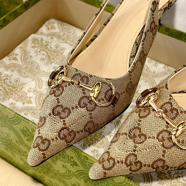 GG MID-HEELED SLINGBACK 4.5 CM IN TAN BEIGE CANVAS