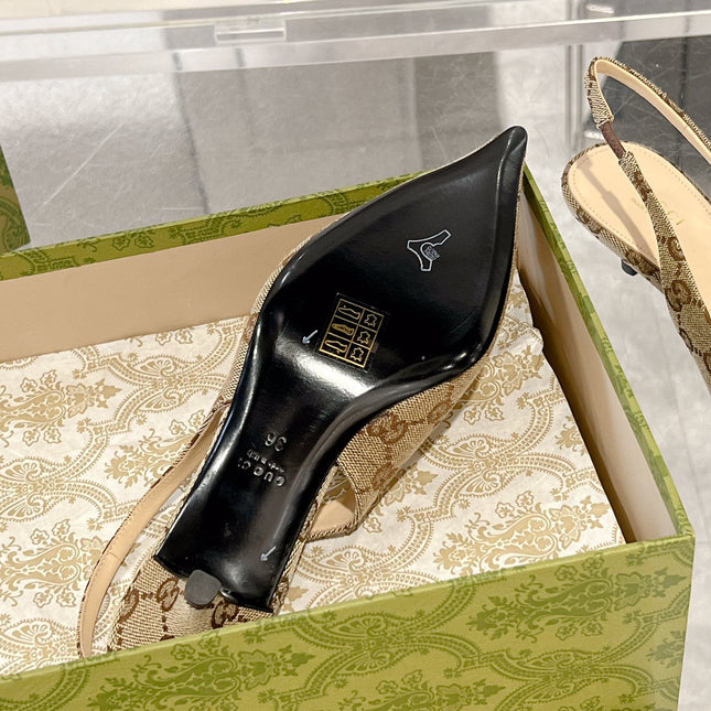 GG MID-HEELED SLINGBACK 4.5 CM IN TAN BEIGE CANVAS