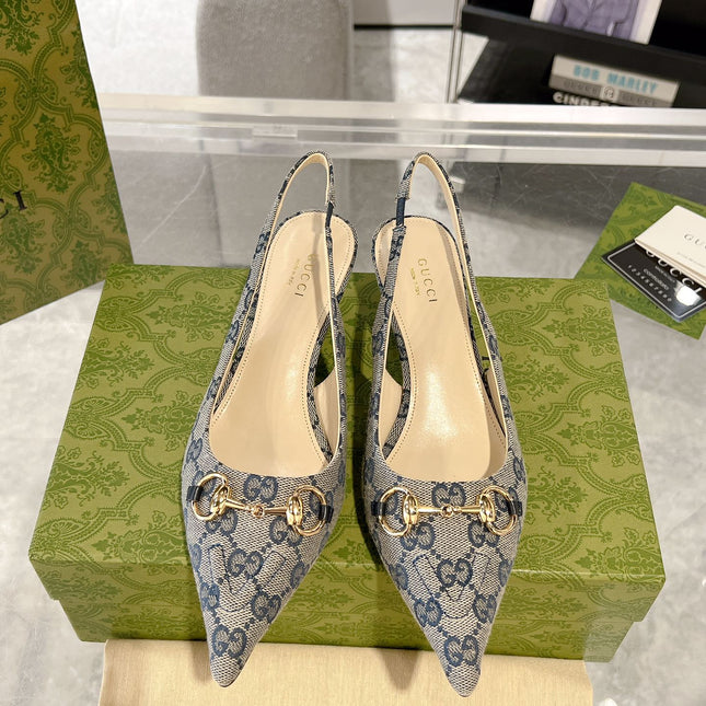 GG MID-HEELED SLINGBACK 4.5 CM IN PALE GRAY CANVAS