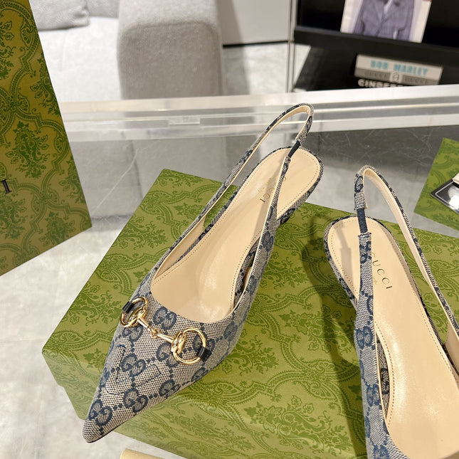 GG MID-HEELED SLINGBACK 4.5 CM IN PALE GRAY CANVAS