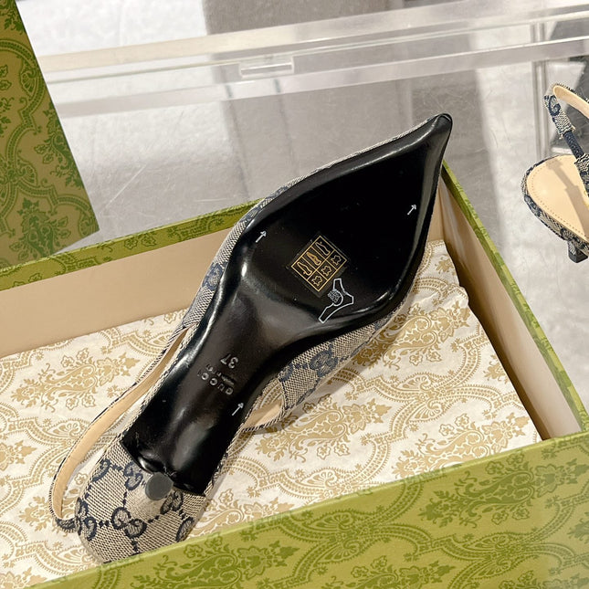 GG MID-HEELED SLINGBACK 4.5 CM IN PALE GRAY CANVAS