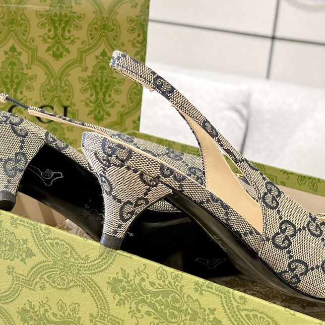 GG MID-HEELED SLINGBACK 4.5 CM IN PALE GRAY CANVAS