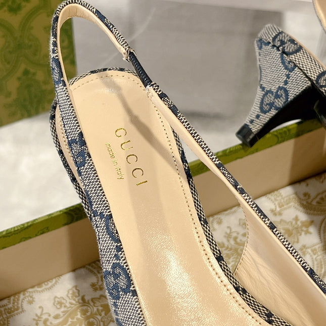 GG MID-HEELED SLINGBACK 4.5 CM IN PALE GRAY CANVAS