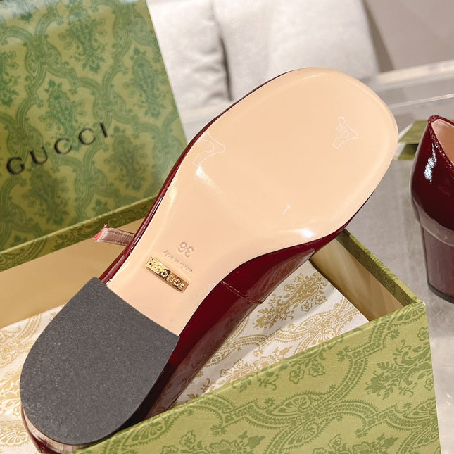 HORSEBIT MARY JANE HEEL IN CRIMSON RED CALFSKIN GOLD HARDWARE
