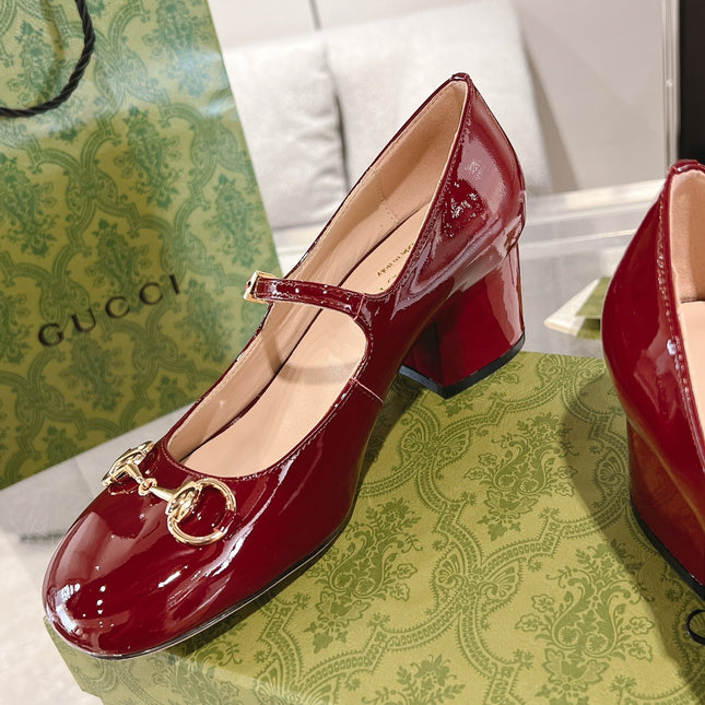 HORSEBIT MARY JANE HEEL IN CRIMSON RED CALFSKIN GOLD HARDWARE