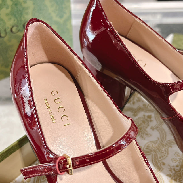 HORSEBIT MARY JANE HEEL IN CRIMSON RED CALFSKIN GOLD HARDWARE