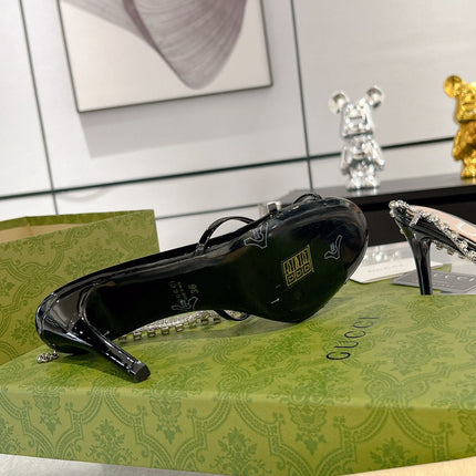 STRAPPY SANDAL WITH RHINESTONE CHAIN IN BLACK PATENT LEATHER