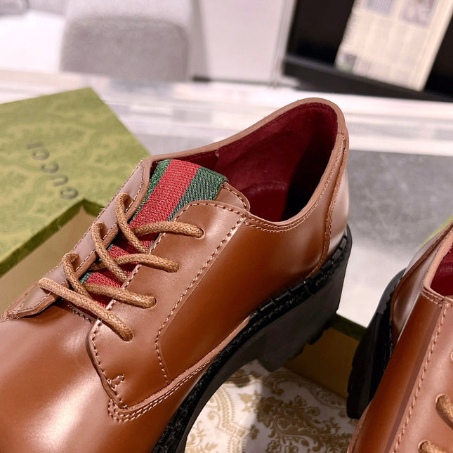 GG LACE-UP LOAFER WITH WEB IN CARAMEL BROWN SHINY LEATHER