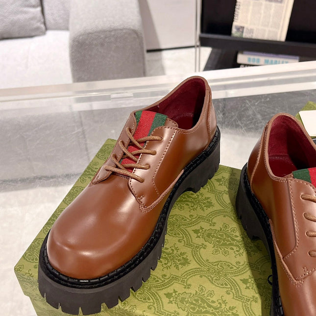 GG LACE-UP LOAFER WITH WEB IN CARAMEL BROWN SHINY LEATHER