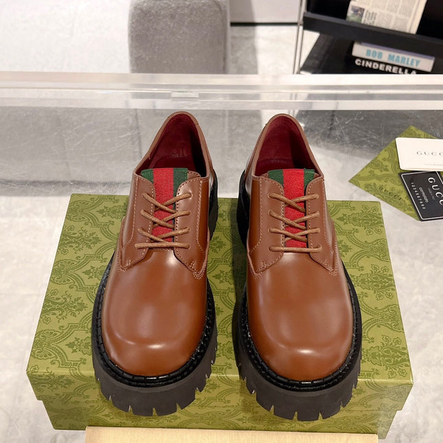 GG LACE-UP LOAFER WITH WEB IN CARAMEL BROWN SHINY LEATHER