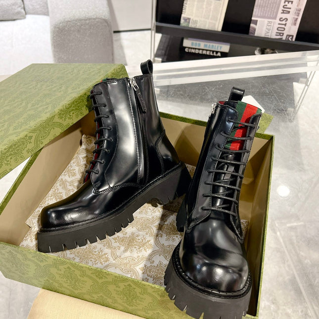 GG WEB ANKLE BOOTS IN BLACK CALFSKIN