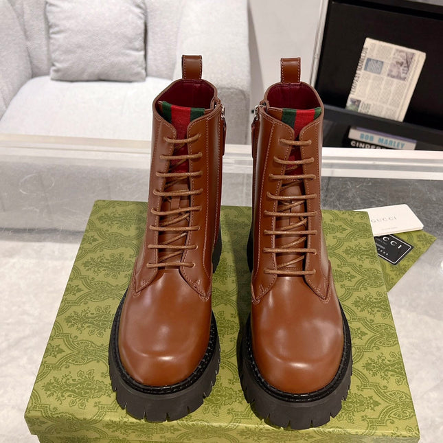 GG WEB ANKLE BOOTS IN CINNAMON BROWN CALFSKIN