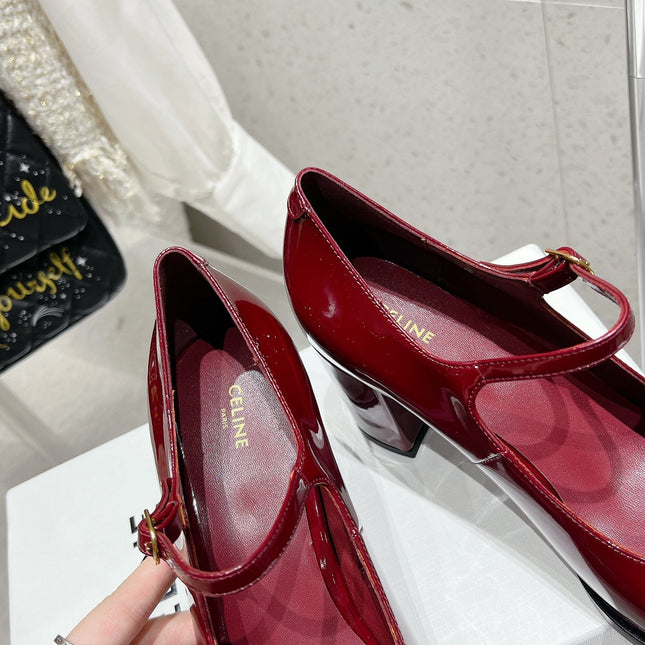 HIGH MARY JANE SHOES IN GARNET RED PATENT CALFSKIN