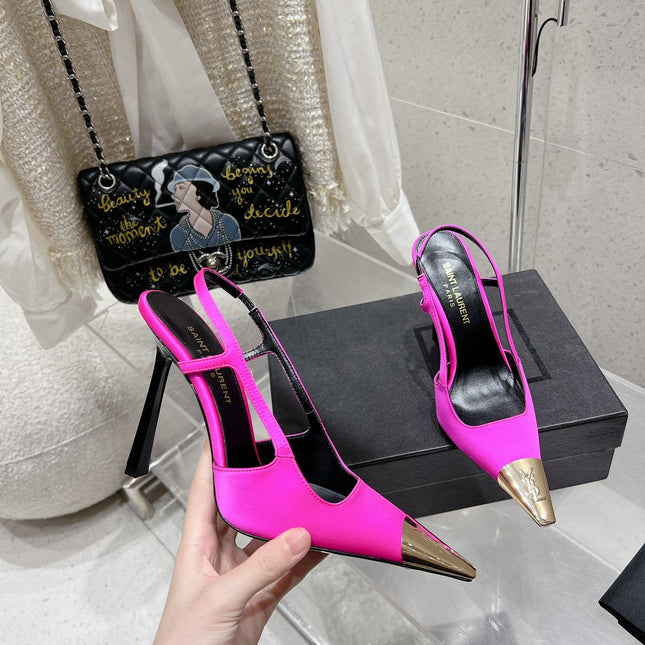 HIGH HEEL 10 CM SLINGBACK IN BRIGHT PINK CALFSKIN WITH GOLD HARDWARE