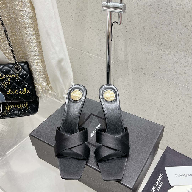 OPYUM HIGH MULES 85 MM IN BLACK SATIN CREPE