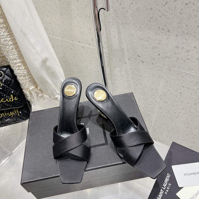 OPYUM HIGH MULES 85 MM IN BLACK SATIN CREPE