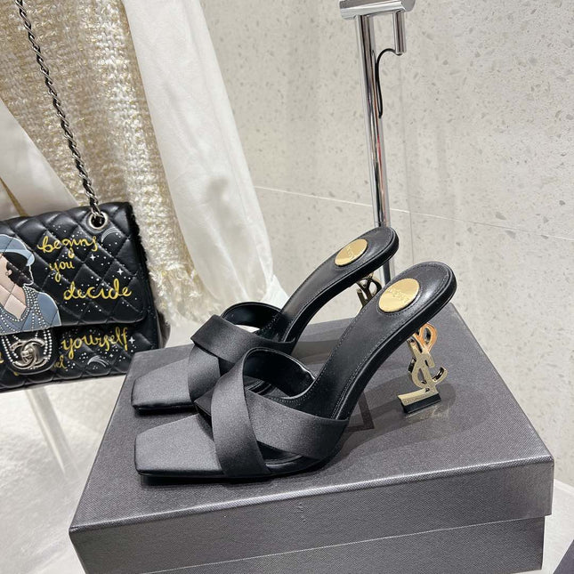 OPYUM HIGH MULES 85 MM IN BLACK SATIN CREPE