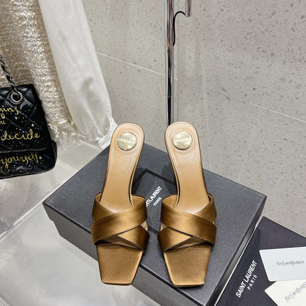 OPYUM HIGH MULES 85 MM IN METALLIC GOLD SATIN CREPE