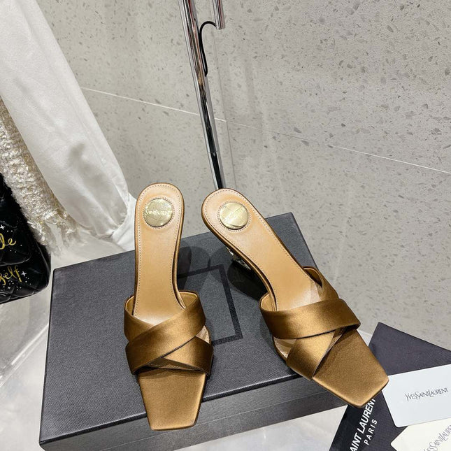 OPYUM HIGH MULES 85 MM IN METALLIC GOLD SATIN CREPE