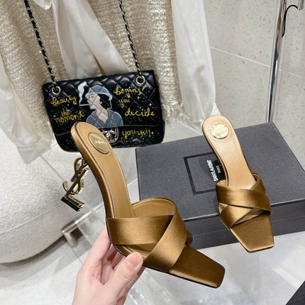 OPYUM HIGH MULES 85 MM IN METALLIC GOLD SATIN CREPE