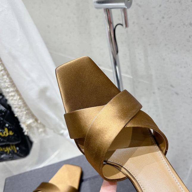 OPYUM HIGH MULES 85 MM IN METALLIC GOLD SATIN CREPE