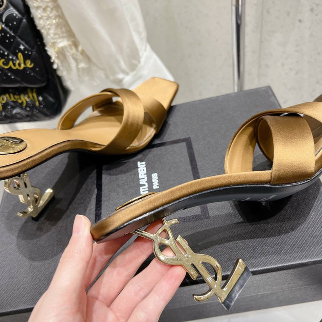 OPYUM HIGH MULES 85 MM IN METALLIC GOLD SATIN CREPE