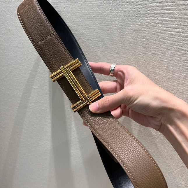 HM TRAVERSE BELT BUCKLE & REVERSIBLE COFFEE BROWN AND BLACK LEATHER STRAP 38 MM GOLD HARDWARE