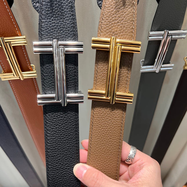 HM TRAVERSE BELT BUCKLE & REVERSIBLE COFFEE BROWN AND BLACK LEATHER STRAP 38 MM GOLD HARDWARE