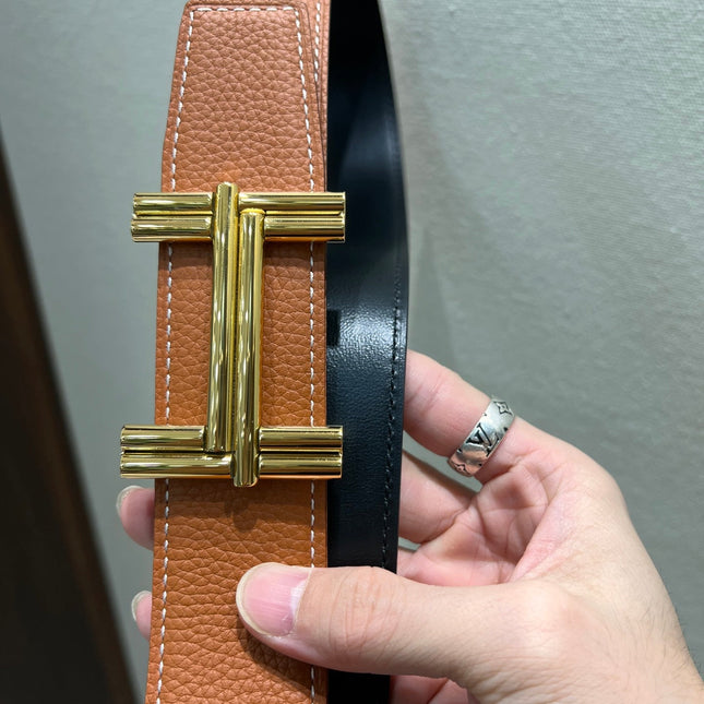 HM TRAVERSE BELT BUCKLE & REVERSIBLE BRONZE BROWN LEATHER STRAP 38 MM GOLD HARDWARE