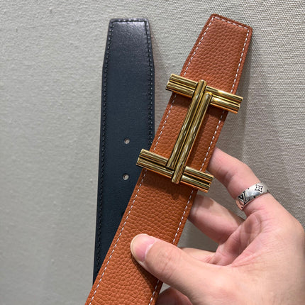 HM TRAVERSE BELT BUCKLE & REVERSIBLE BRONZE BROWN LEATHER STRAP 38 MM GOLD HARDWARE