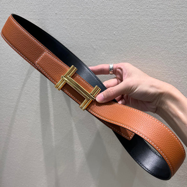 HM TRAVERSE BELT BUCKLE & REVERSIBLE BRONZE BROWN LEATHER STRAP 38 MM GOLD HARDWARE