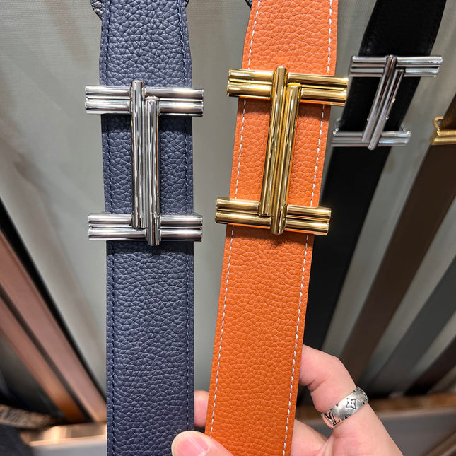 HM TRAVERSE BELT BUCKLE & REVERSIBLE BRONZE BROWN LEATHER STRAP 38 MM GOLD HARDWARE